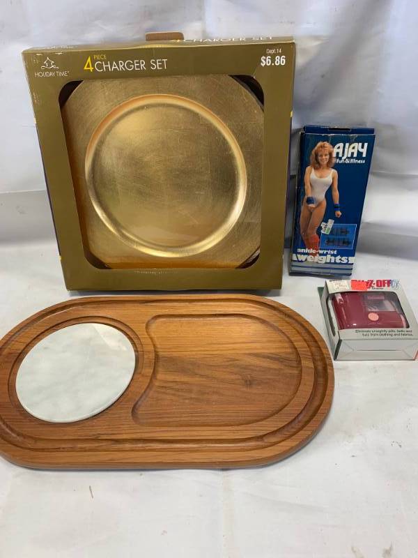 lot 83 image: Meat & Cheese Tray, Chargers, Ankle Weights, Fuzz Shaver