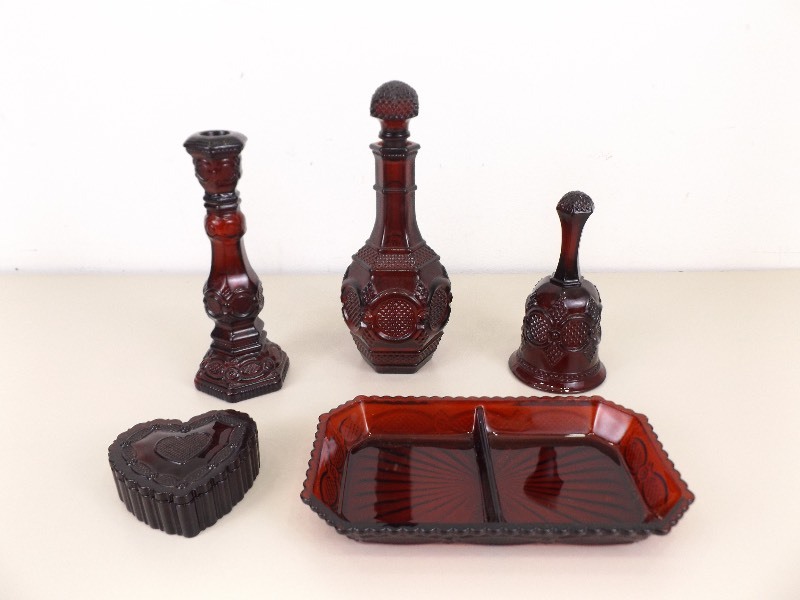 lot 17 image: 6 Piece Cape Cod Ruby Decanter, Tray, Dinner Bell, etc.