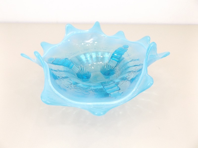lot 23 image: Antique Blue Opalescent 8.5 Ruffled Footed Bowl