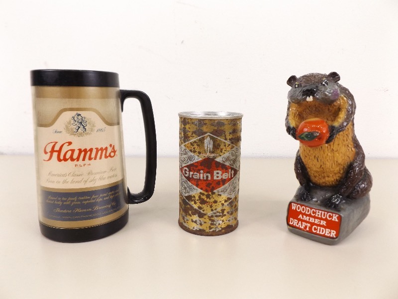 lot 45 image: Vintage Hamms Beer Mug, Grain Belt Tab Can, Woodchuck Beer Tap