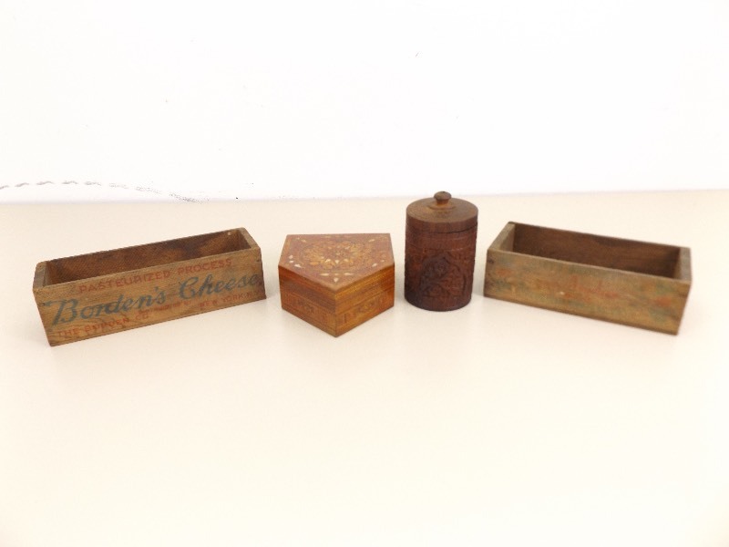 lot 55 image: 4 Antique Wood Cheese, Bone Inlayed, etc. Boxes