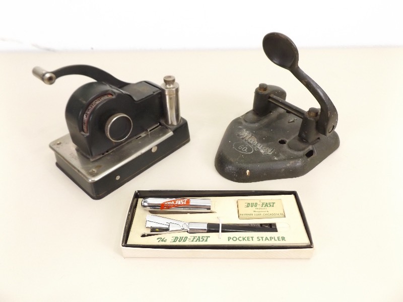 lot 60 image: Vintage Office Protectograph, Pocket Stapler, and Hole Punch