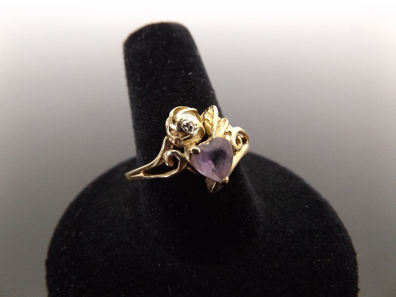 lot 65 image: 14k Yellow Gold Amethyst Heart Diamond Accented Ring Size 10.5