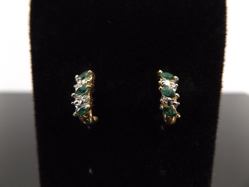lot 71 image: 14k Yellow Gold Emerald Diamond Accented Post Earrings
