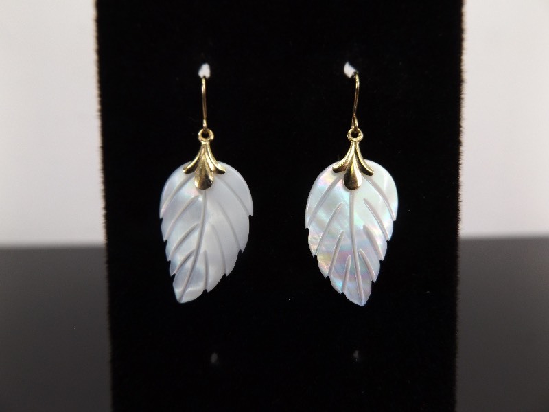 lot 72 image: 14k Yellow Gold Hook Mother of Pearl Carved Leaf Earrings