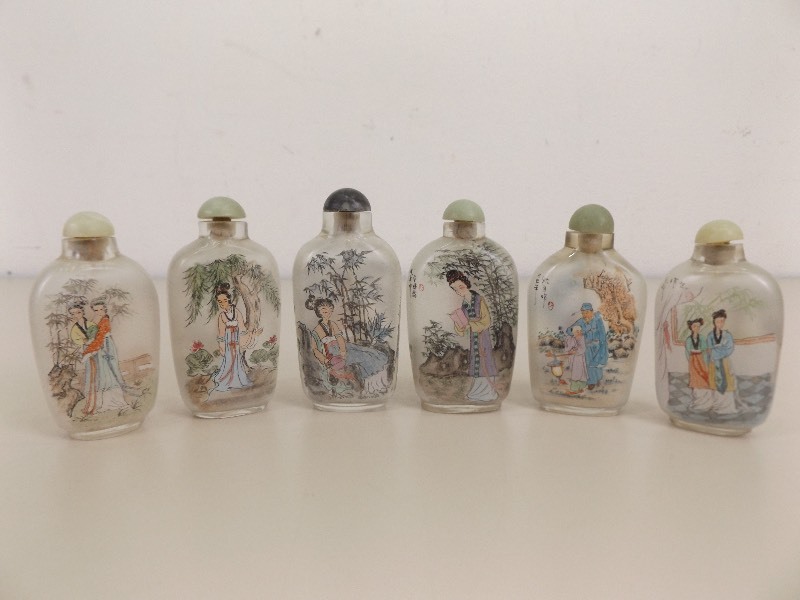 lot 80 image: 6 Antique Reverse Painted Jade Topped Asian Snuff perfume Bottles
