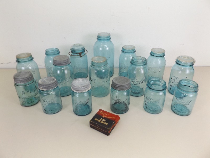 lot 86 image: 16 Antique and Vintage Blue Mason Jars With Zinc and Glass Tops
