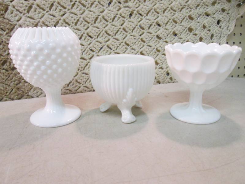 lot 55 image: 3 Vintage White Glass Footed Bowls...