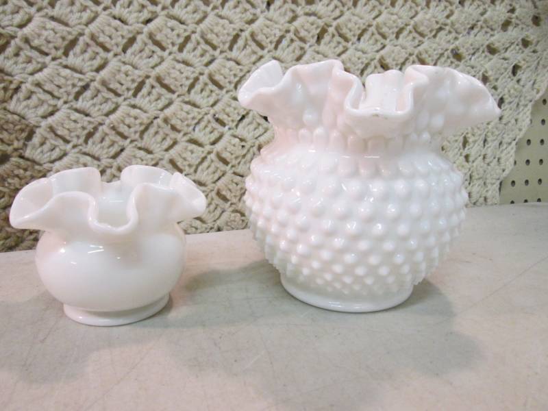 lot 56 image: 2 Vintage White Glass Planters  F-0...
