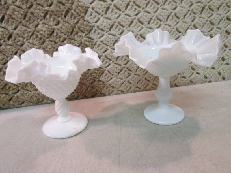 lot 57 image: 2 Vintage White Glass Footed Bowls ...