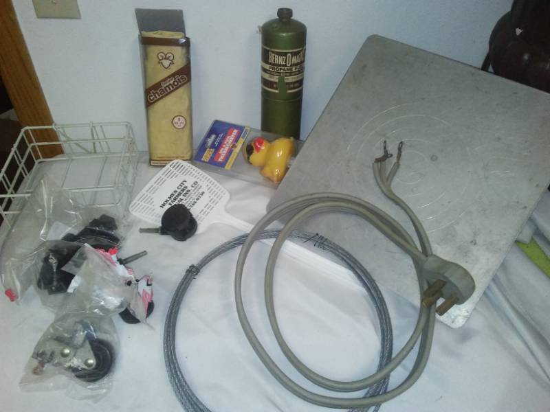 lot 58 image: Man stuff lot  drywall, Chamois Airline cable  20 ft., 230 v cord and more.