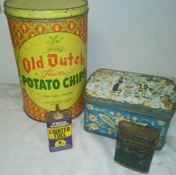 lot 196 image: 4 vintage Tins - Old Dutch, Penn lighter fluid, tuxedo tobacco.