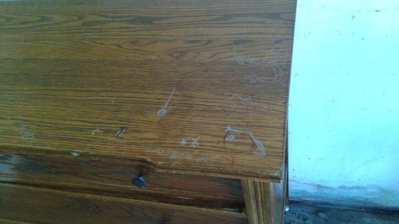 lot 3 image: Vintage Wood Dresser On Wheels, Used, Shows Wear, Marks,Scuffs