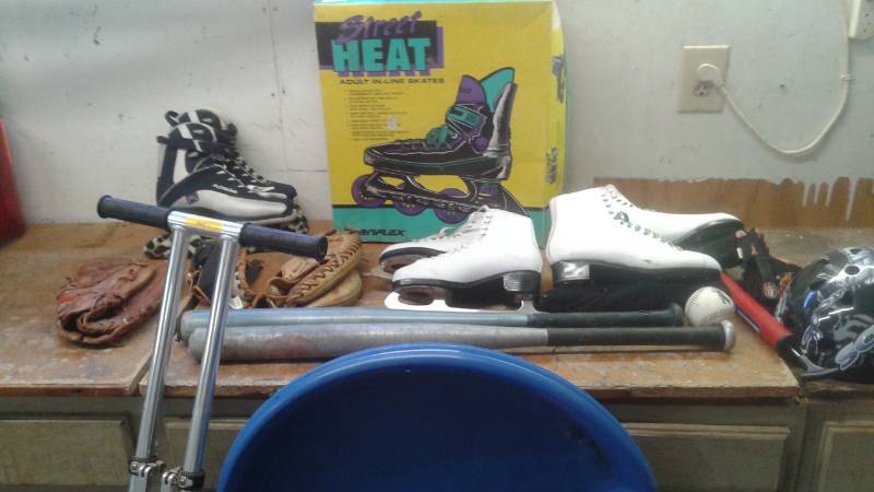 lot 96 image: Bin With Some Sports Items, Skates, Skateboard, Baseball Gloves