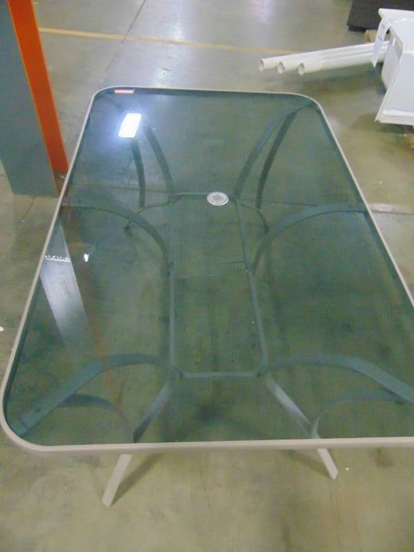 lot 484 image: Cosco Paloma Sand Steel Outdoor Dining Table with Tempered Glass Table Top 88646BGPE