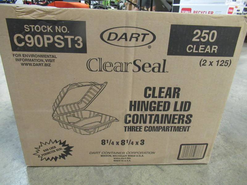lot 131 image: Dart Clearseal Hinged-lid Plastic Containers, 8 14 X 3 X 8 14, Clear-250 pack, DCCC90PST3