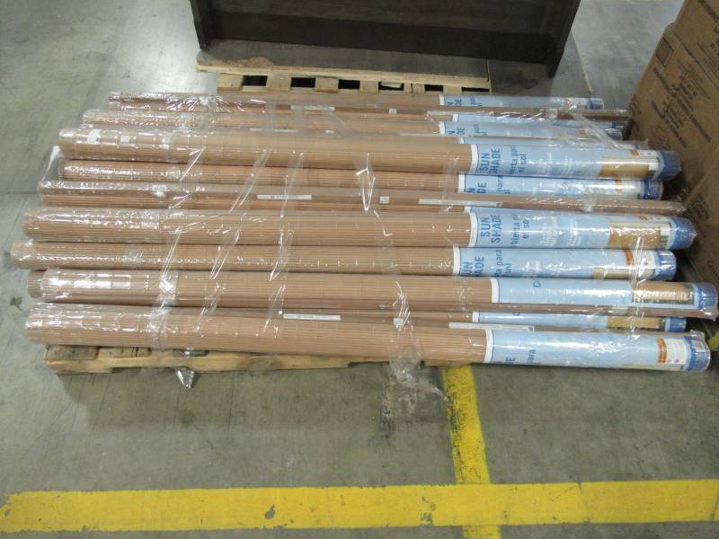 lot 35 image: Pallet of 25 Unbranded 72 in. W x 72 in. L Tan Woodgrain Exterior Roll Up Patio Sun Shades, 0321267