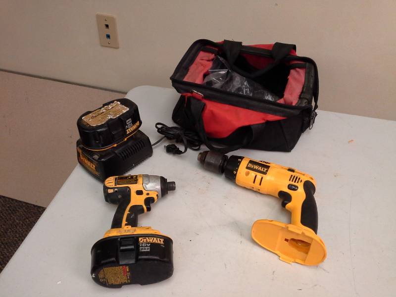 lot 213 image: DeWalt DC825 14in. 18VDC Cordless Impact Driver, DW998 12in. 18VDC VSR Cordless Adjustable ClutchHammer Drill, Two 18VDC Batteries, Charger, Case