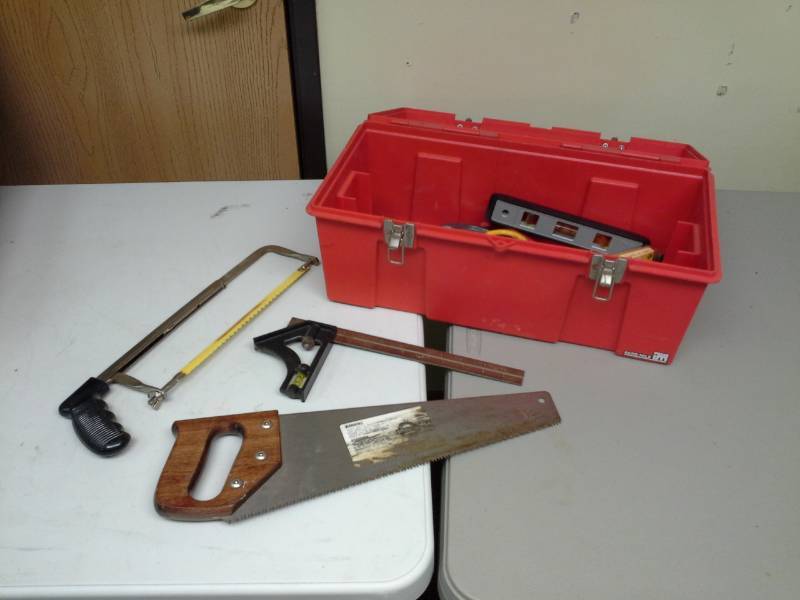 lot 219 image: Plastic Tool Box, Hand Saw, Hack Saw, Square, Level, C-Clamp, Combination Wrenches, Adjustable Wrench, and more
