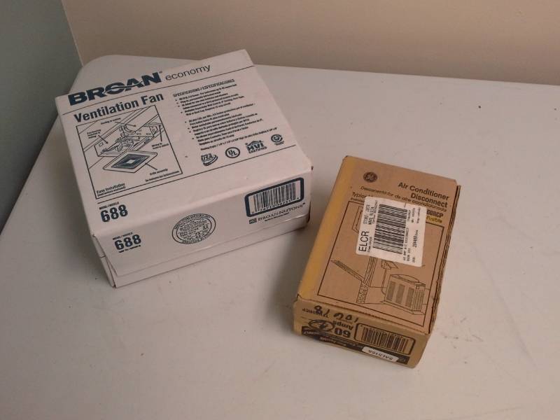 lot 250 image: Broan Ventilation Fan 688, GE Air Conditioner Disconnect 60A