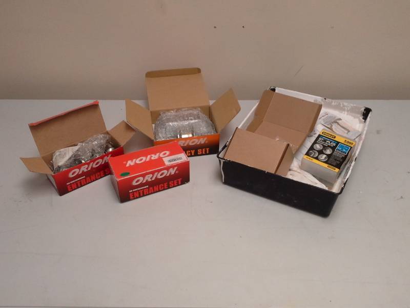 lot 251 image: Orion Entrance and Privacy Home Lock Sets, Stanley Staples, Paint Tray, Misc. Hardware
