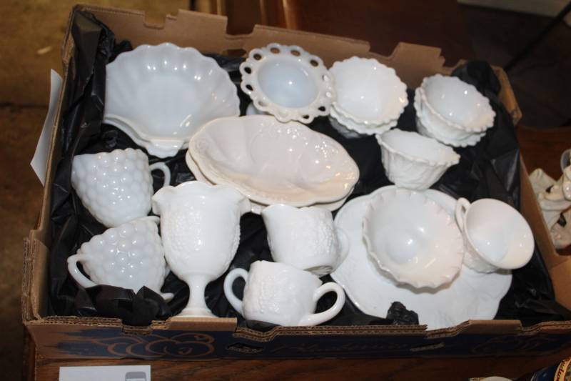 lot 80 image: Milk Glass Cups, Bowls, Glasses, Serving Trays, Serving Plates, Creamer, Sugar Bowl