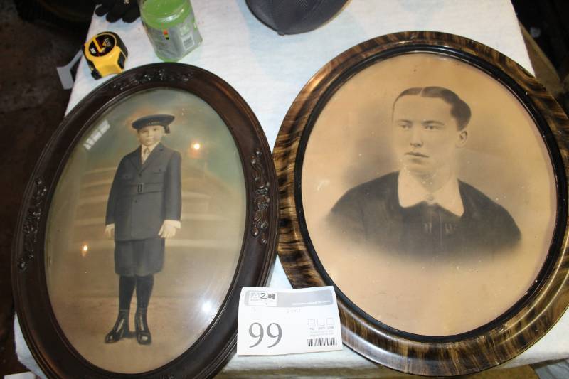 lot 99 image: Lot of (2) Old Portraits with Oval Raised Glass Frames