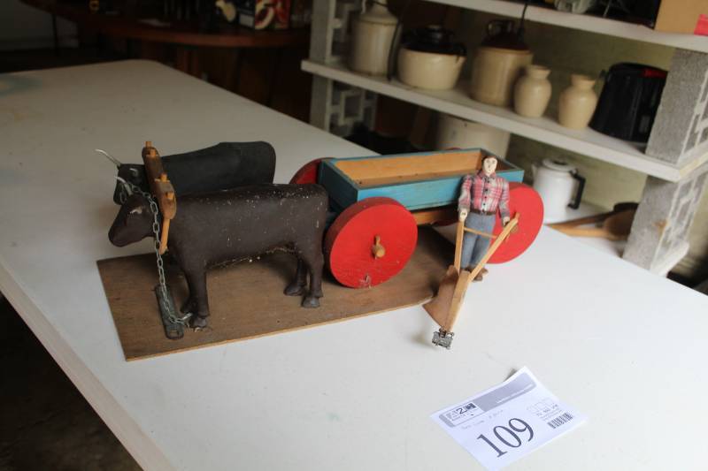 lot 109 image: Hand-Carved Hand-Painted Two Oxen Cart with Furrow Plow