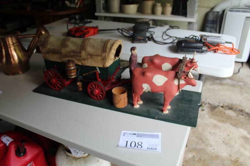 lot 108 image: Hand-Carved Hand-Painted Two Oxen Covered Wagon