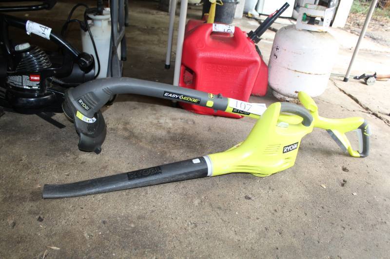 lot 107 image: Ryobi Cordless Blower, Easy Edge Line Trimmer Weed Whip