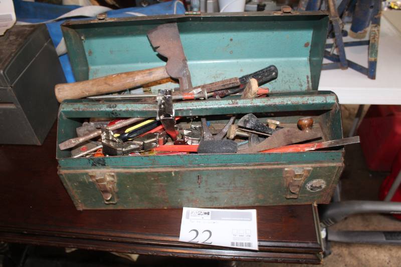 lot 22 image: Tool Box, Hatchet, Planar, Screwdriver, And More