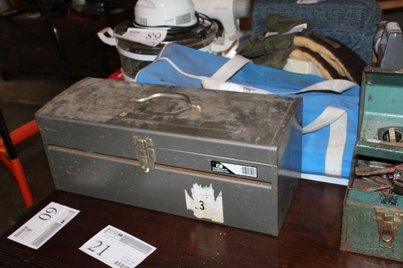 lot 21 image: Tool Box, Files, Screwdrivers, Hammers, Hacksaw, And More