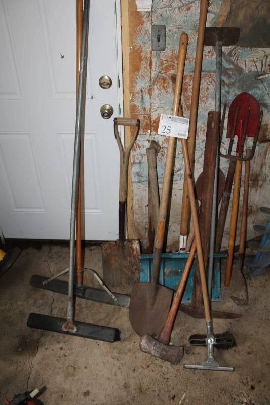 lot 25 image: Yard Tools - Shovels, Brooms, Ax, Pick