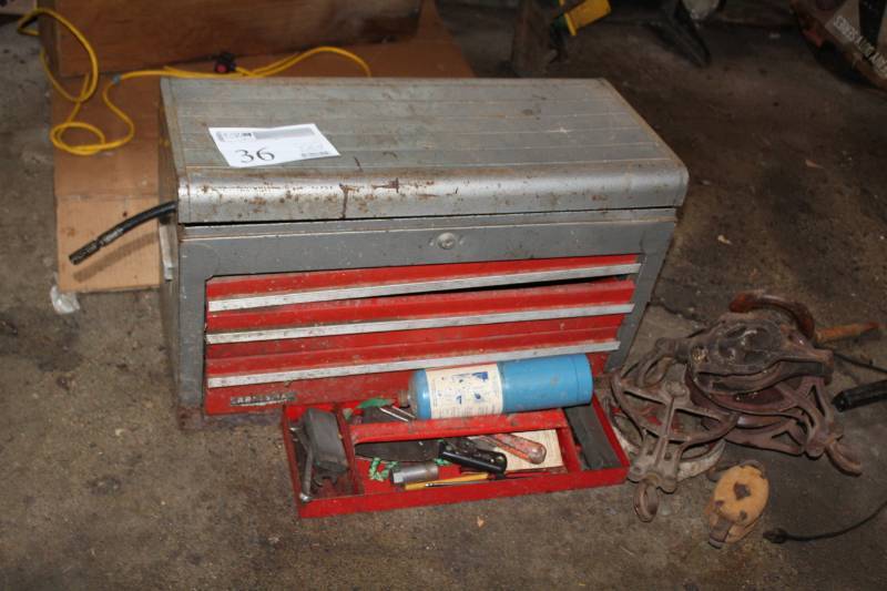 lot 36 image: Tool Box, Grease Gun, Wrenches, Hardware, Propane Torch Tank, And More