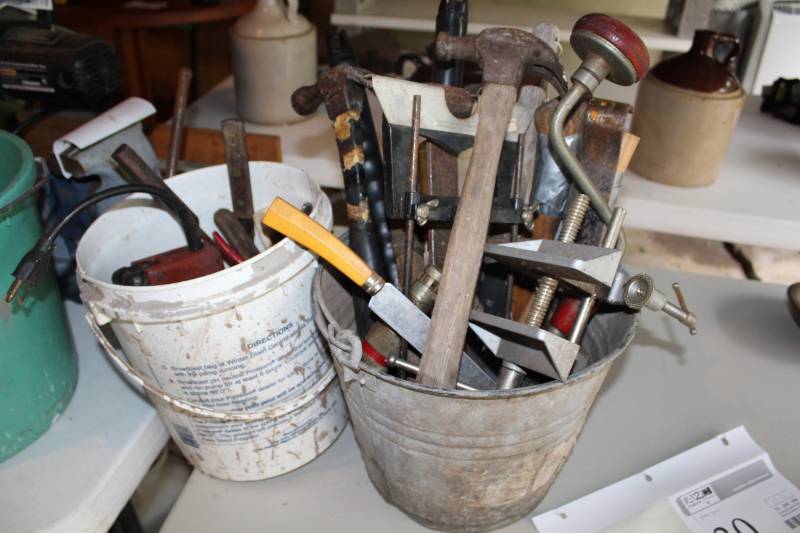 lot 31 image: Hatchet, Hammer, Vise, Knife, Pry Bar, And More