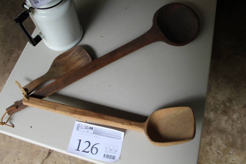 lot 126 image: Large Wood Kitchen Utensils - Spoon, Ladle, Spatula