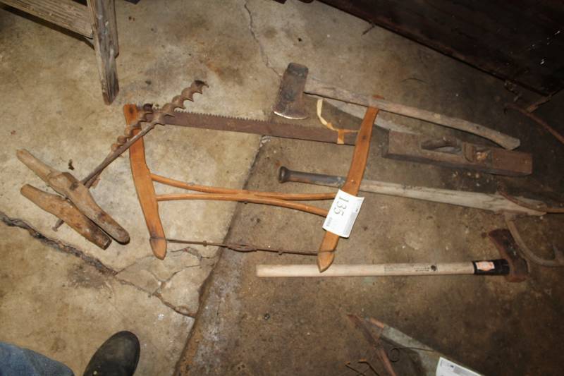 lot 135 image: Old Wood Working Tools - Ax, Saw, Drill, Planar, Shaver, And more