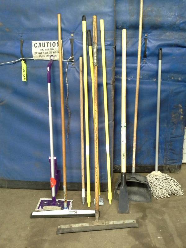 lot 832 image: Lot of (10) Squeegees, Mops, Garbage Can, Ice Pick