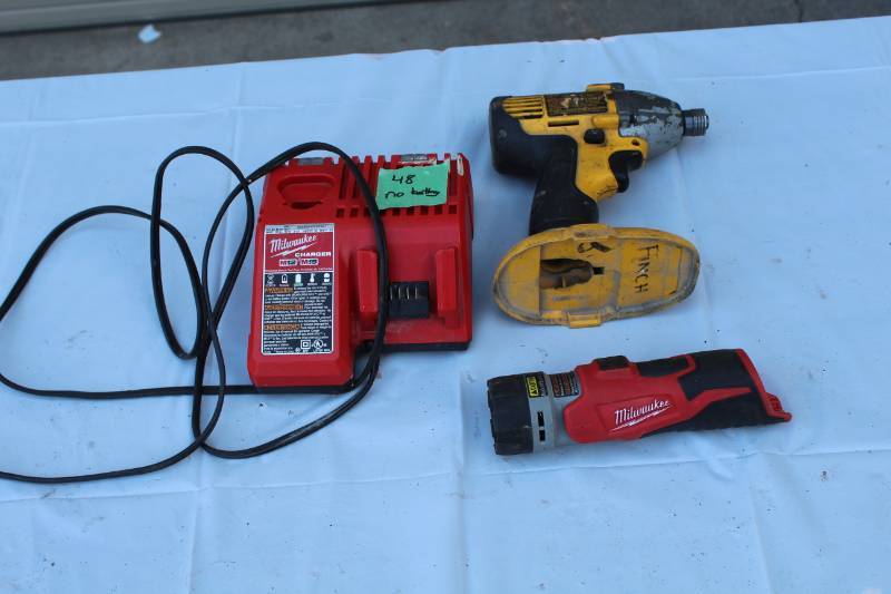 lot 48 image: Milwaukee 12VDC Cordless Worklight 49-24-0145, Milwaukee 12-18VDC Battery Charger, DeWalt DW056 14VDC Cordless Heavy Duty Impact Driver