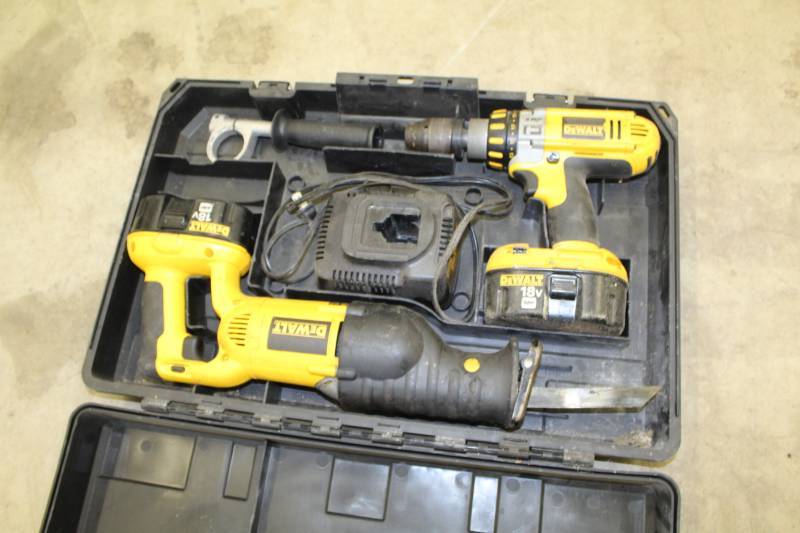 lot 198 image: DeWalt 18VDC Cordless DC925 12in. Hammerdrill and DC385 VSR Saw with 2-Batteries, Charger, Case