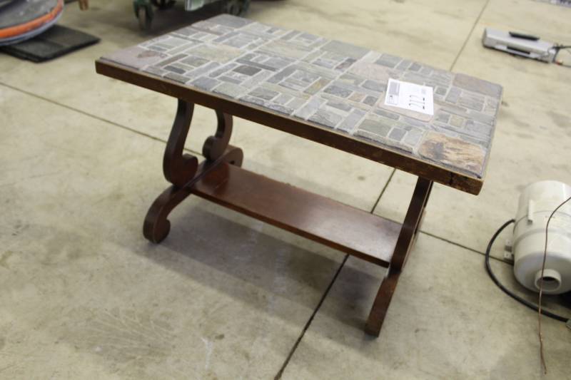lot 212 image: Wood Living Room Table with Stone Veneer Top