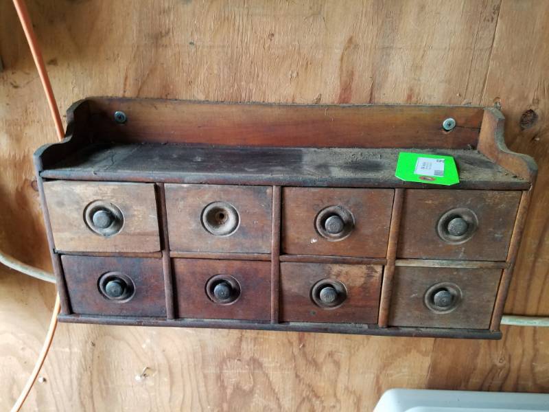 lot 56 image: Vintage wood shelf plus contents