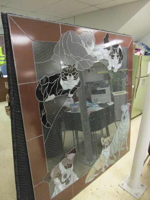 lot 149 image: CAT AND DOG STAINED GLASS PANEL