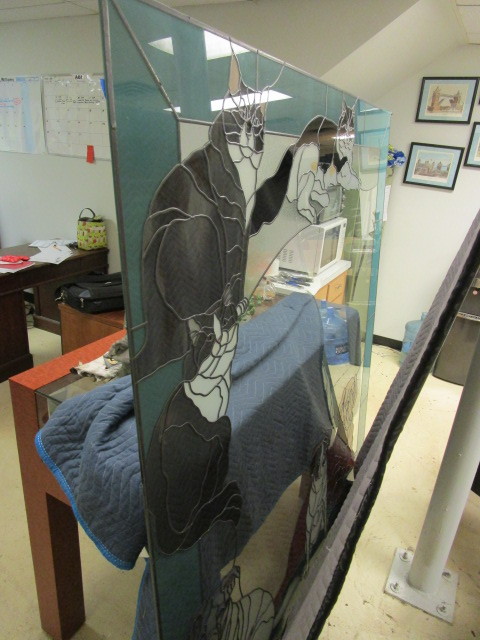 lot 150 image: CAT AND DOG STAINED GLASS PANEL