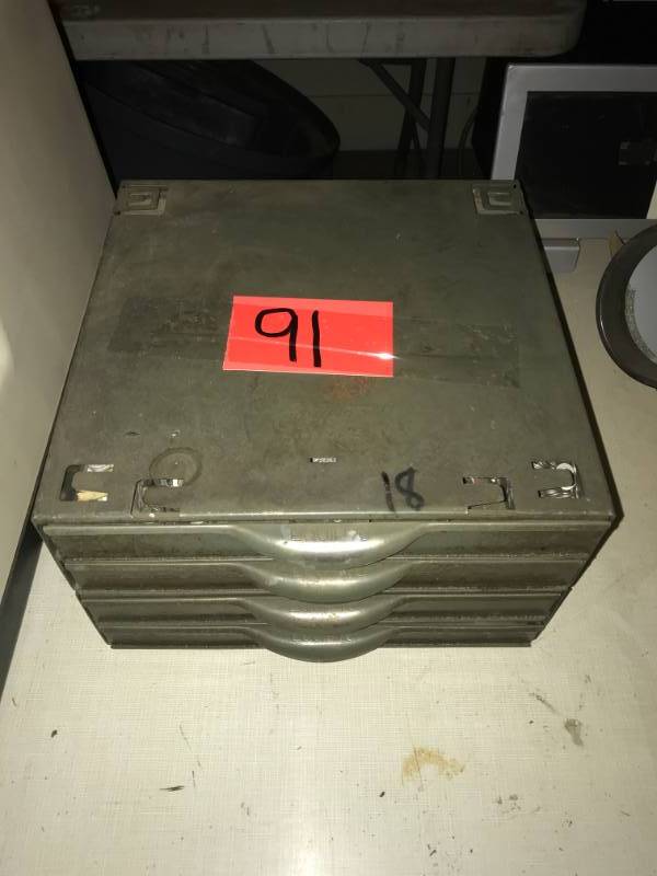 lot 91 image: Mid-Century Olive Green 4-drawer Screw Cabinet with counters