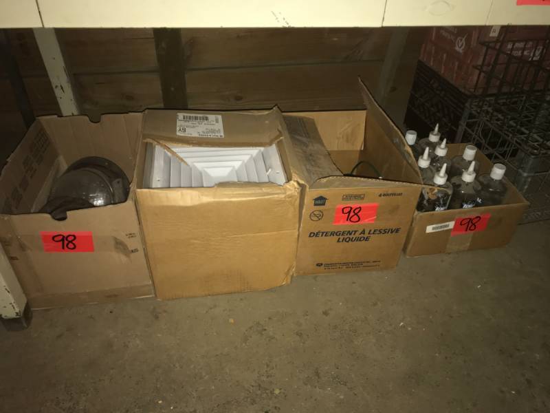 lot 98 image: Antique car lights, ceiling louvers, xmas lights. Box of clear glide wire pulling lube (8) wire & plastic crates