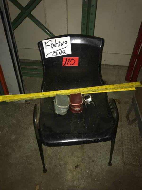 lot 110 image: Fishing Chair with fish measuring sticks, and lot of 3 fishing reels