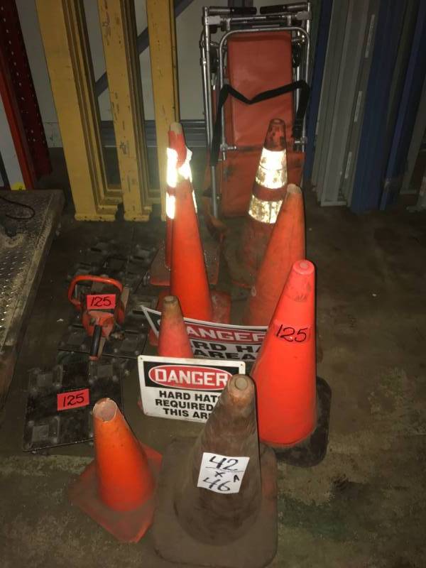 lot 125 image: Mighty Mite Chain Saw, Super Heavy Duty Dollies, Safety Cones & Portable Stretcher