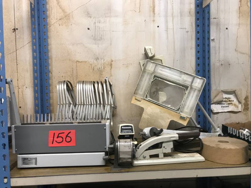 lot 156 image: IBICO IBIMATIC Catalog Maker, Panasonic Stapler, Two Magnifying Lights, expandable file sorter and more
