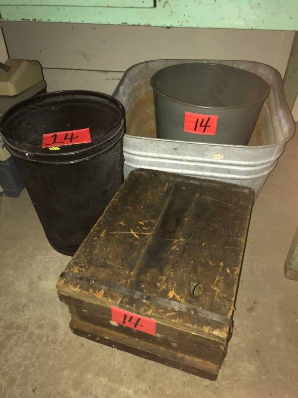 lot 14 image: Galvanized Tub, 3 Black Wire Containers, 1 Steel Gray Mid Century Trash Can, 1 Wood Box